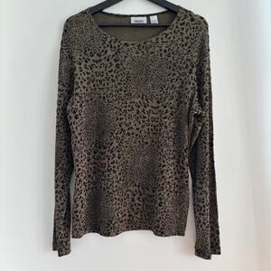 Vintage Chico's Travelers Sparkly Animal Print Long Sleeve Top Green Size 2